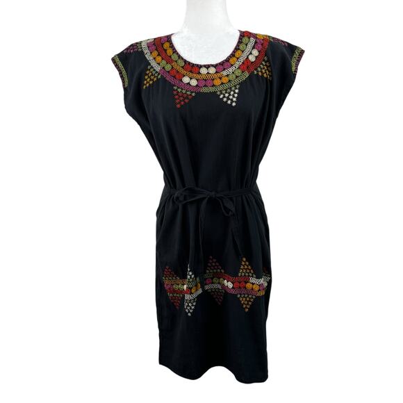 Black Multicolor Embroidered Tie Waist Mexican Summer Mini Shift Dress Large/XL - Picture 1 of 10